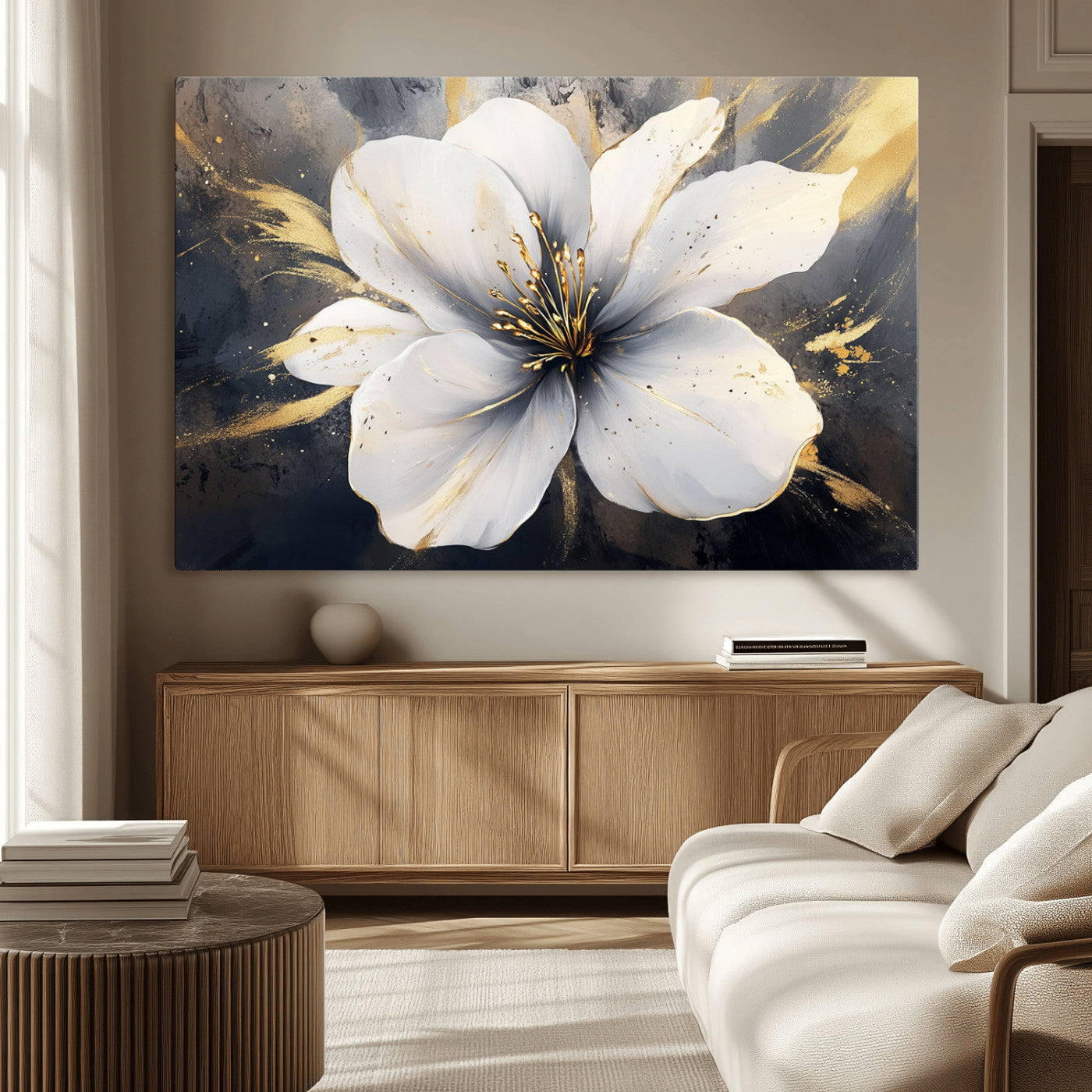 MGV-CV-36X24 - White Flower Wall Art Canvas Print | Ready to Hang | Abstract Floral Wall Decor | Elegant Bloom