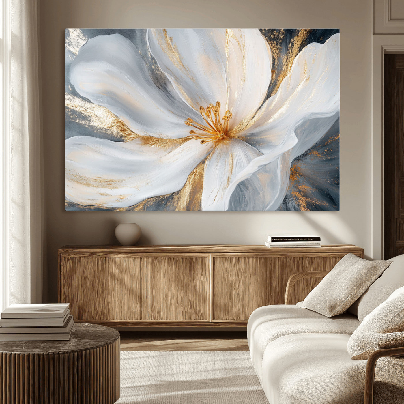 MGV-CV-36X24 - White and Gold Floral Canvas Wall Art - Framed and Ready to Hang - Perfect for Modern Living Rooms