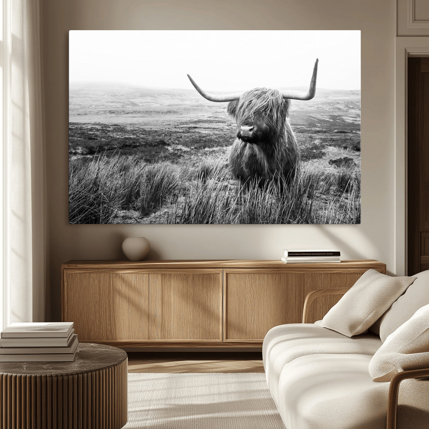 MGV-CV-36X24 - Scottish Highland Cow Wall Art | Black and White Canvas Print | Ready to Hang and Framed | Rustic