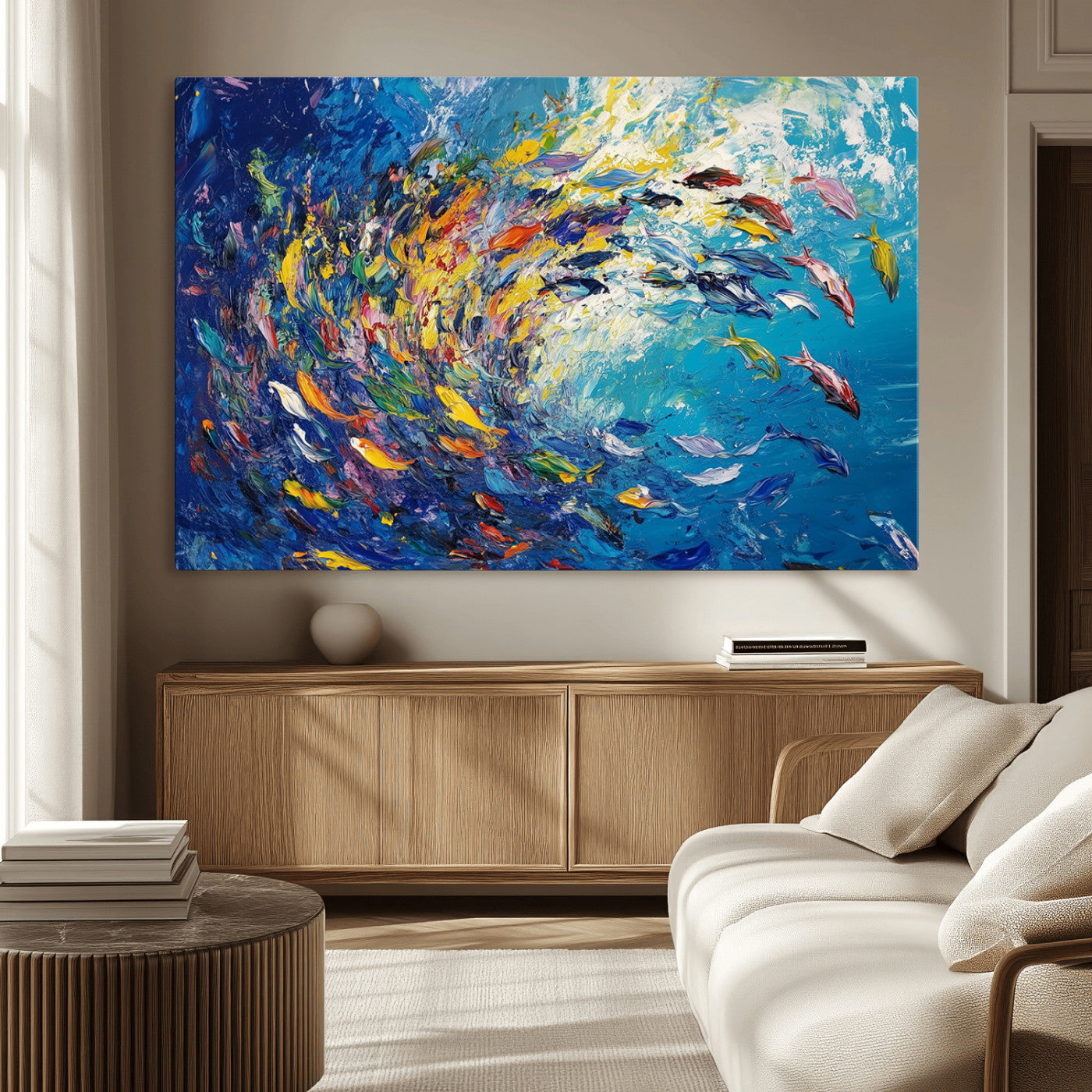 MGV-CV-36X24 - Colorful Swirling Fish School Wall Art Canvas Print | Oceanic Abstract Painting | Ready to Hang |