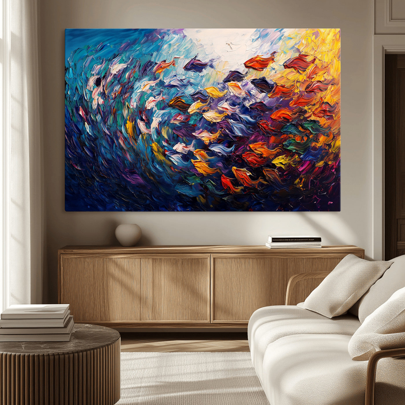 -Vibrant Abstract Fish Swarm Art – Colorful Fish Inspired 3-Piece Canvas Wall Art for Living Room or