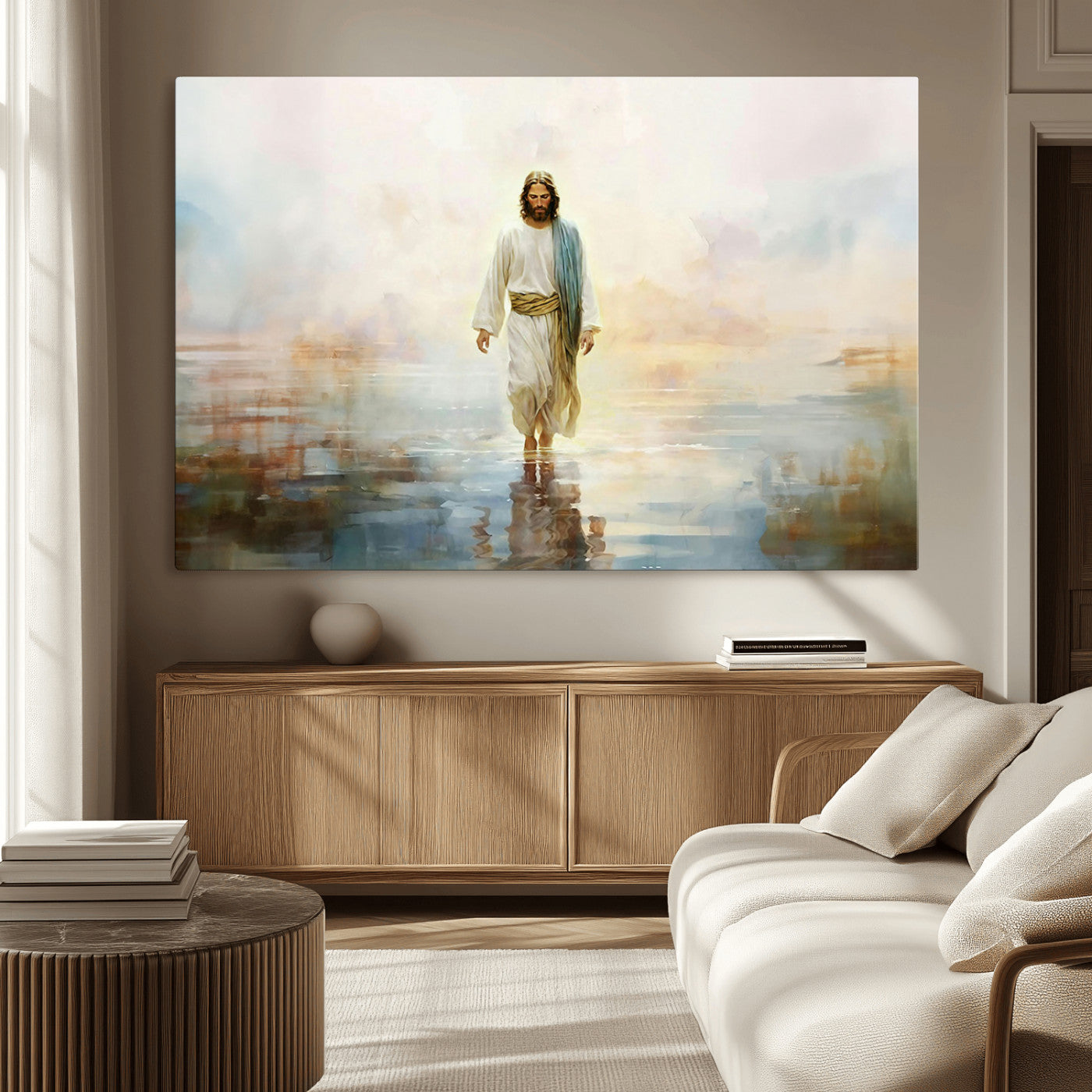 MGV-CV-36X24 - Framed Jesus Walking on Water Wall Art - 3-Panel Christian Canvas Prints, Religious Artwork for