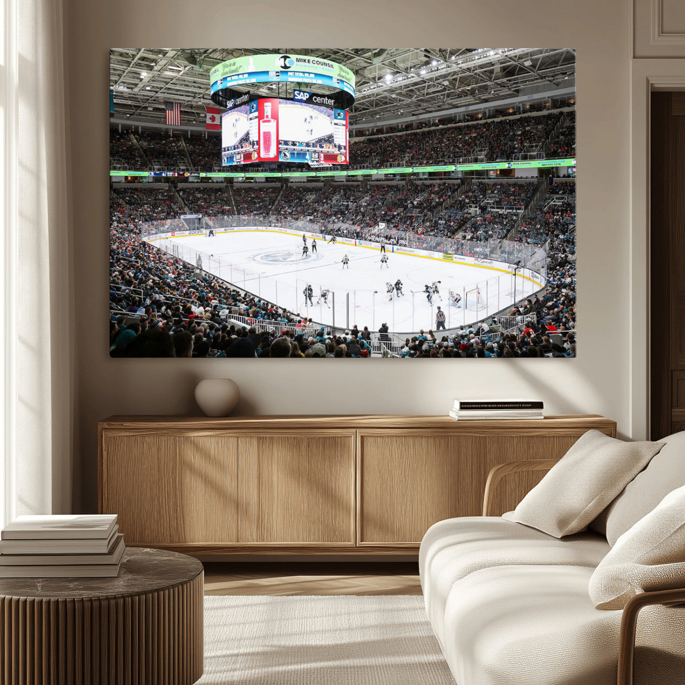 MGV-CV-36X24 - Sharks Arena Blackhawks Sharks Ice Hockey Stadium Wall Art Canvas Print, Framed Blackhawks Sharks
