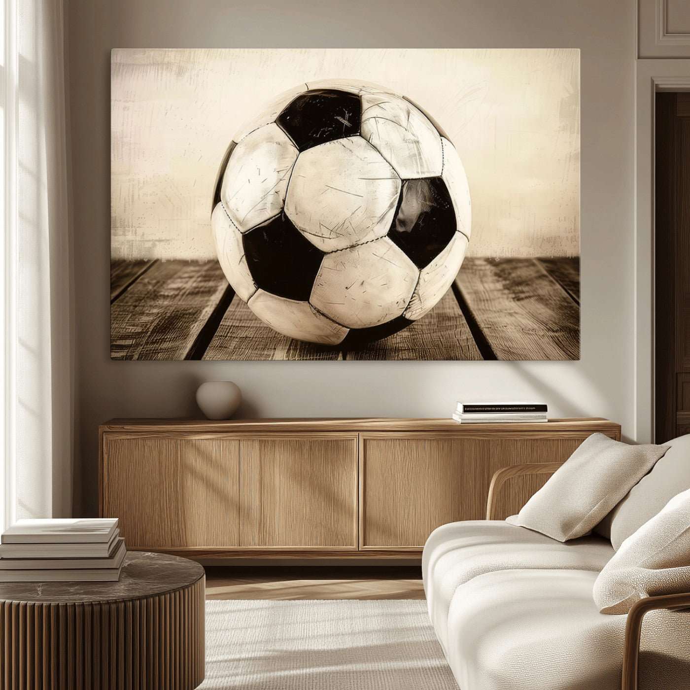 MGV-CV-36X24 - Vintage Soccer Ball Wall Decor Canvas Art – 3-Panel Soccer Wall Decor, Framed and Ready to Hang