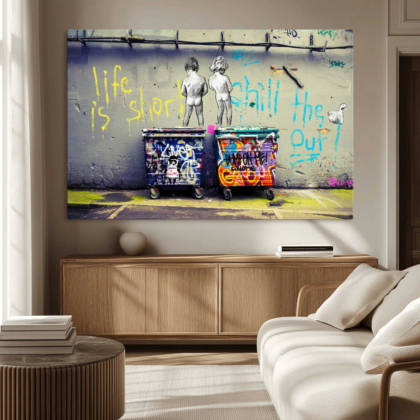 MGV-CV-36X24 - Banksy Life is Short Wall Art - Iconic Graffiti Art on Framed Ready-to-Hang Canvas - Street Art