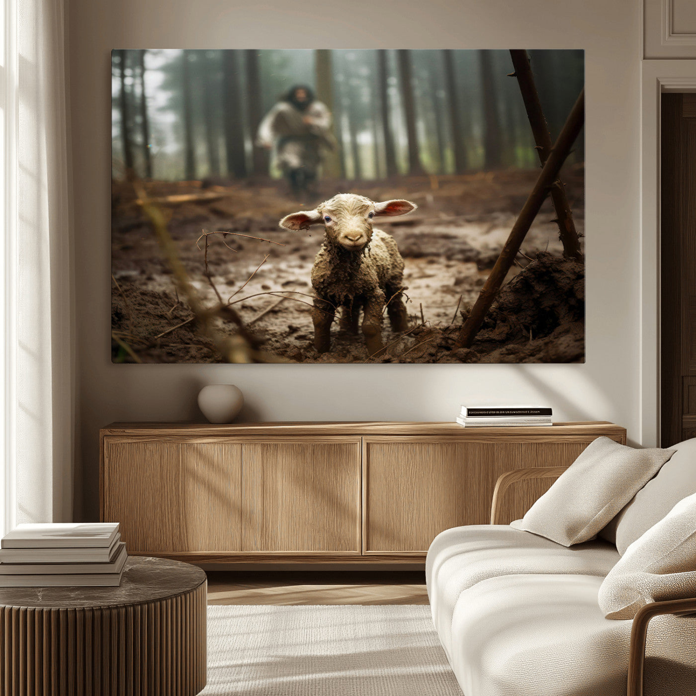 MGV-CV-36X24 - Jesus Running After a Lost Lamb Canvas Wall Art Print