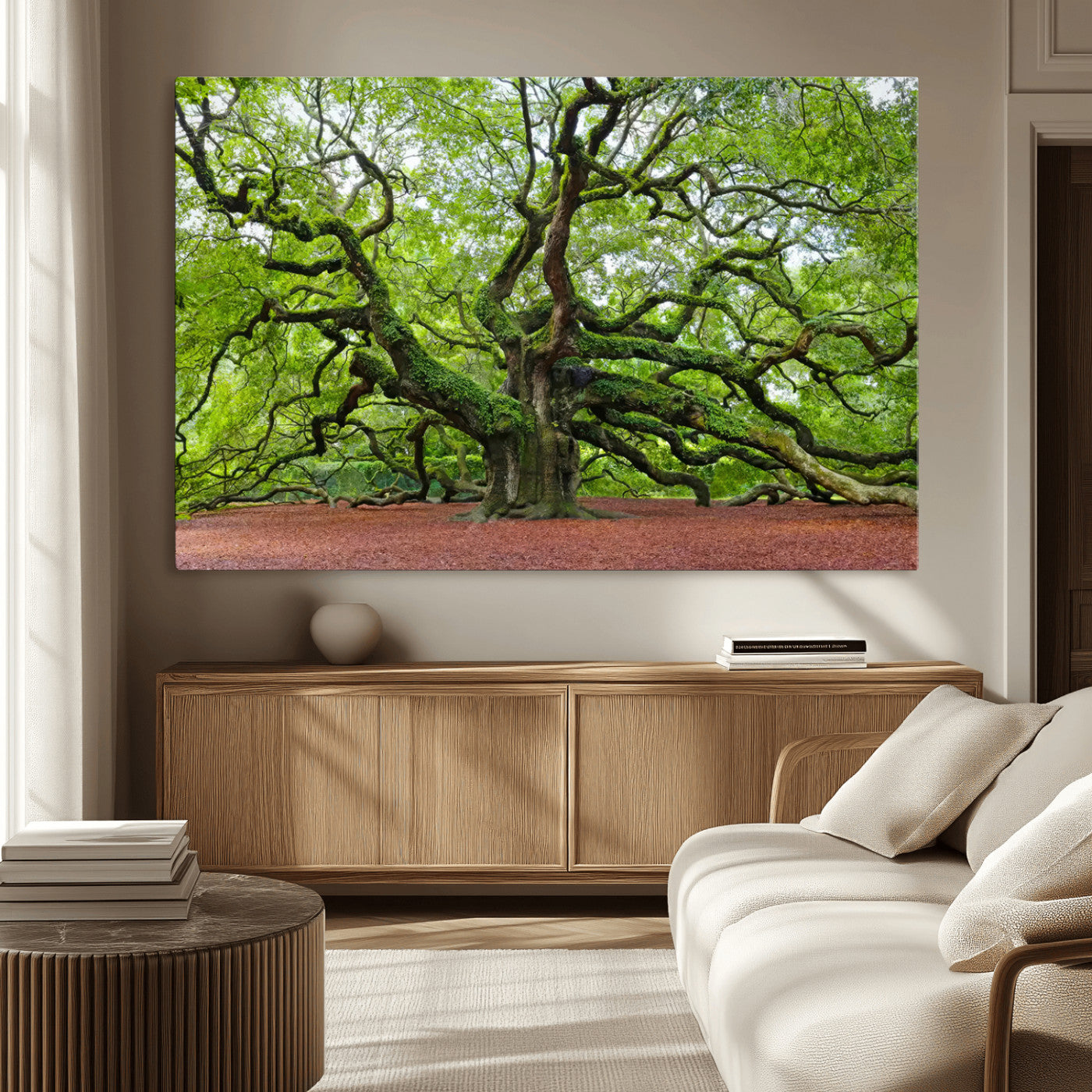 MGV-CV-36X24 - Framed Angel Oak Tree Wall Art - 3-Panel Canvas Prints, Large Green Nature Artwork, Ready to Hang