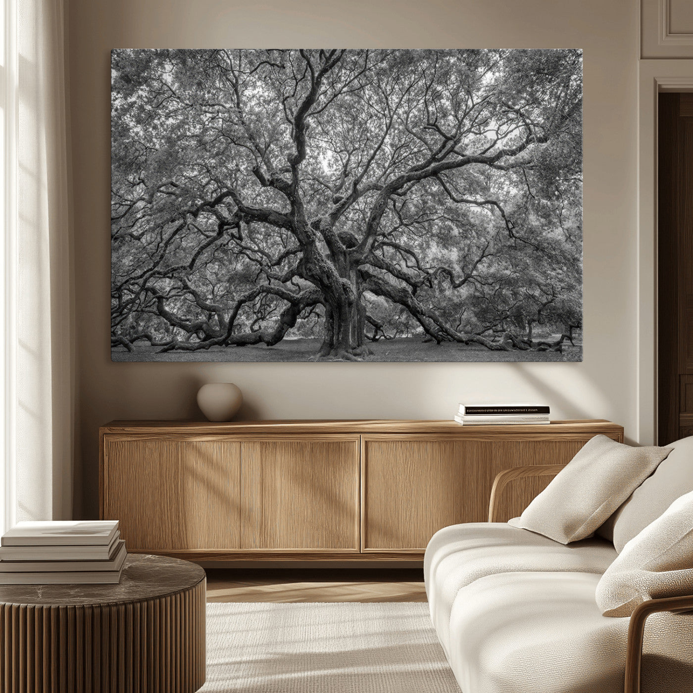 MGV-CV-36X24 - Majestic Angel Oak Tree Black and White Canvas Print – Multi Panel Wall Art, Giclée Print, Ready to