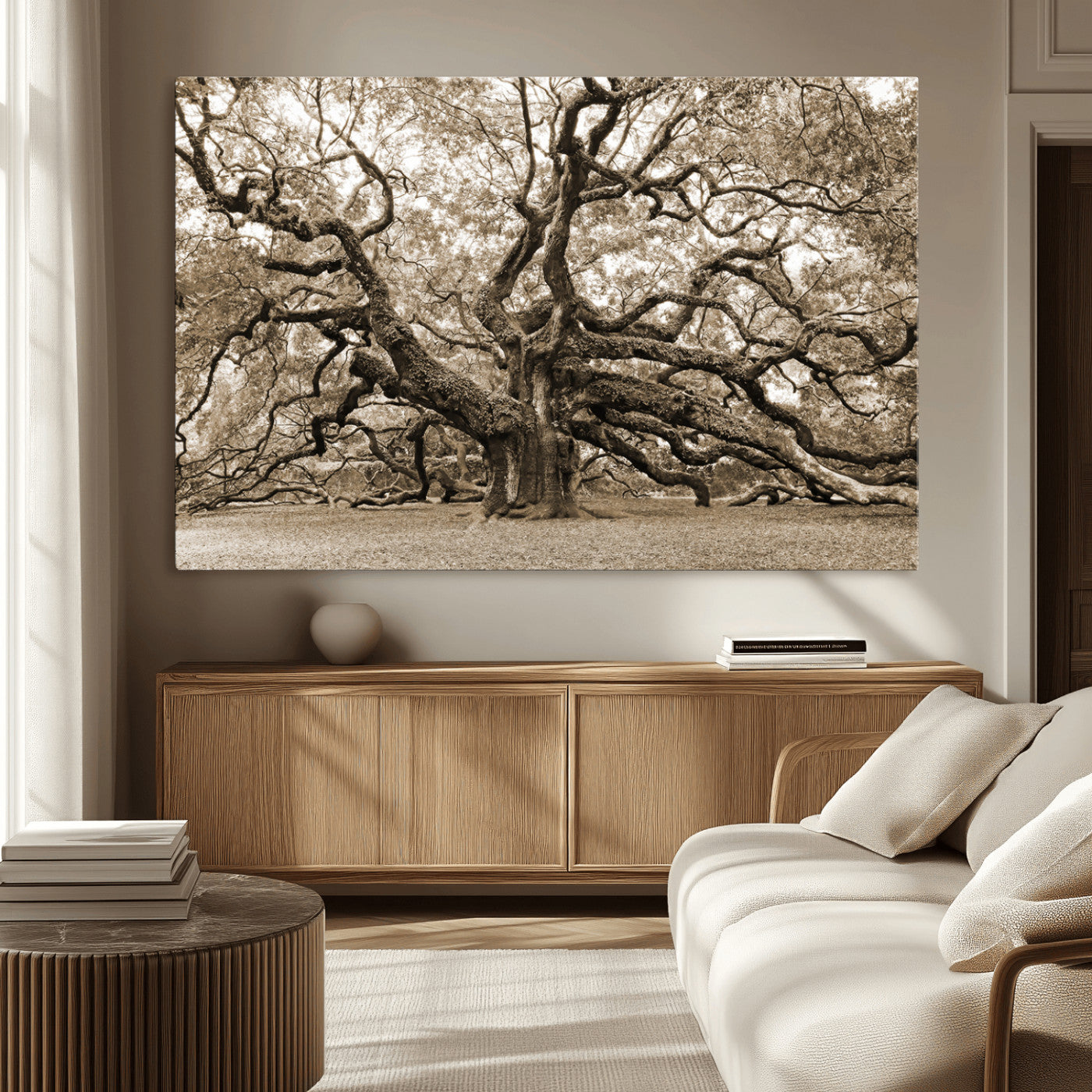 MGV-CV-36X24 - Sepia Framed Angel Oak Tree Wall Art - 3-Panel Canvas Prints, Large Green Nature Artwork, Ready to