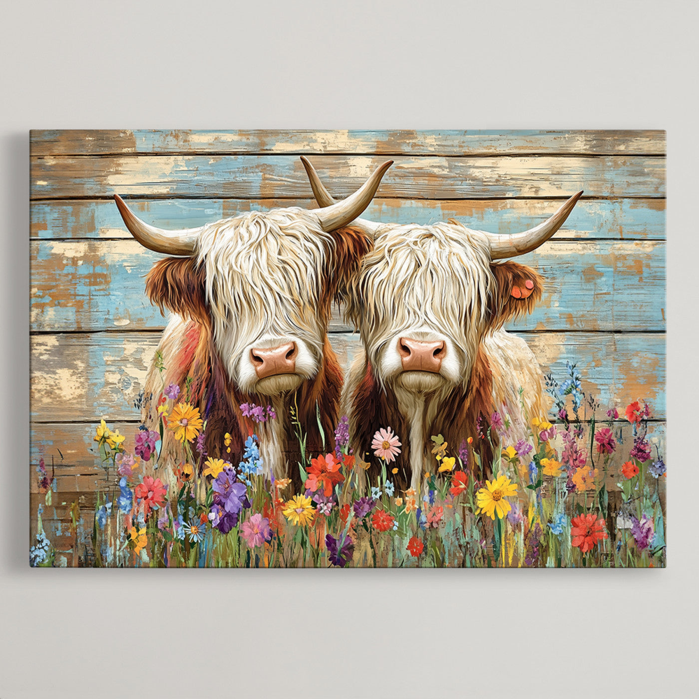 36972-MGV-CV-36X24-Cute Highland Cow Canvas Wall Art - Rustic Farmhouse Decor with Colorful Flowers Perfect Wall Art for Home