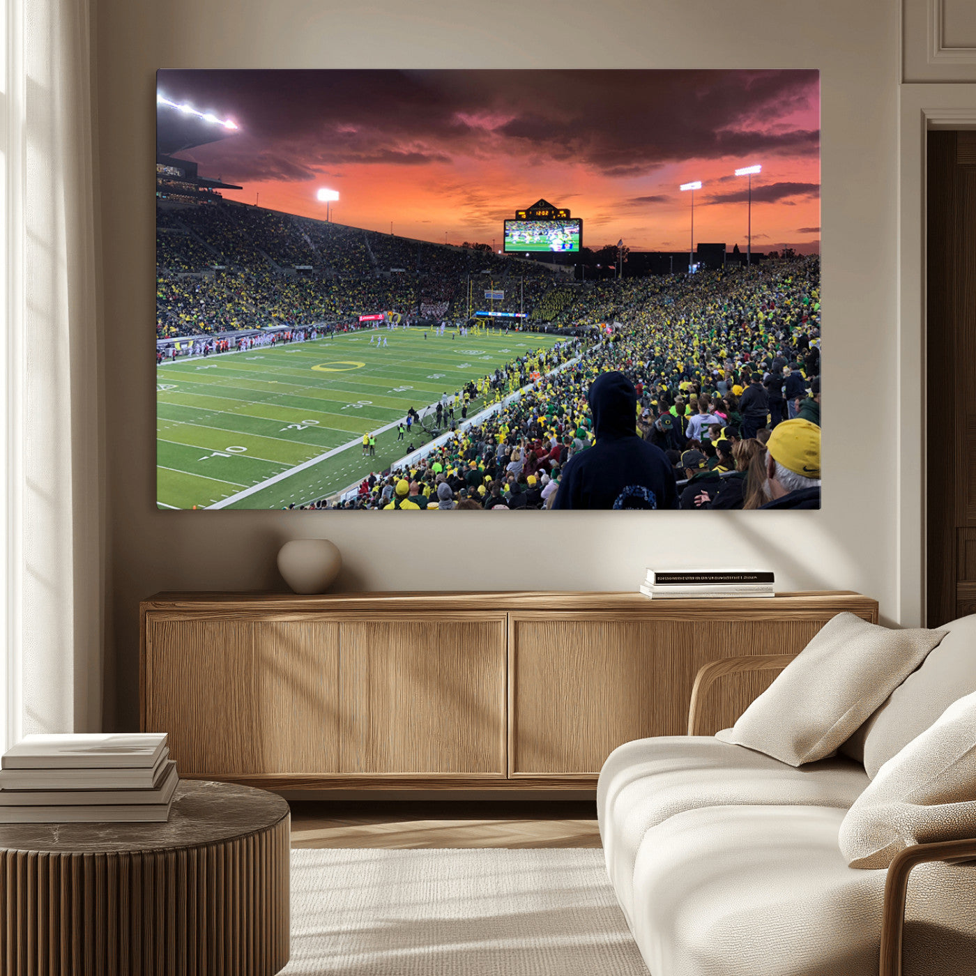 MGV-CV-36X24 - Eugene Autzen Stadium Canvas Wall Art Print – Sunset Over Iconic Football Field Wall Decor for Home