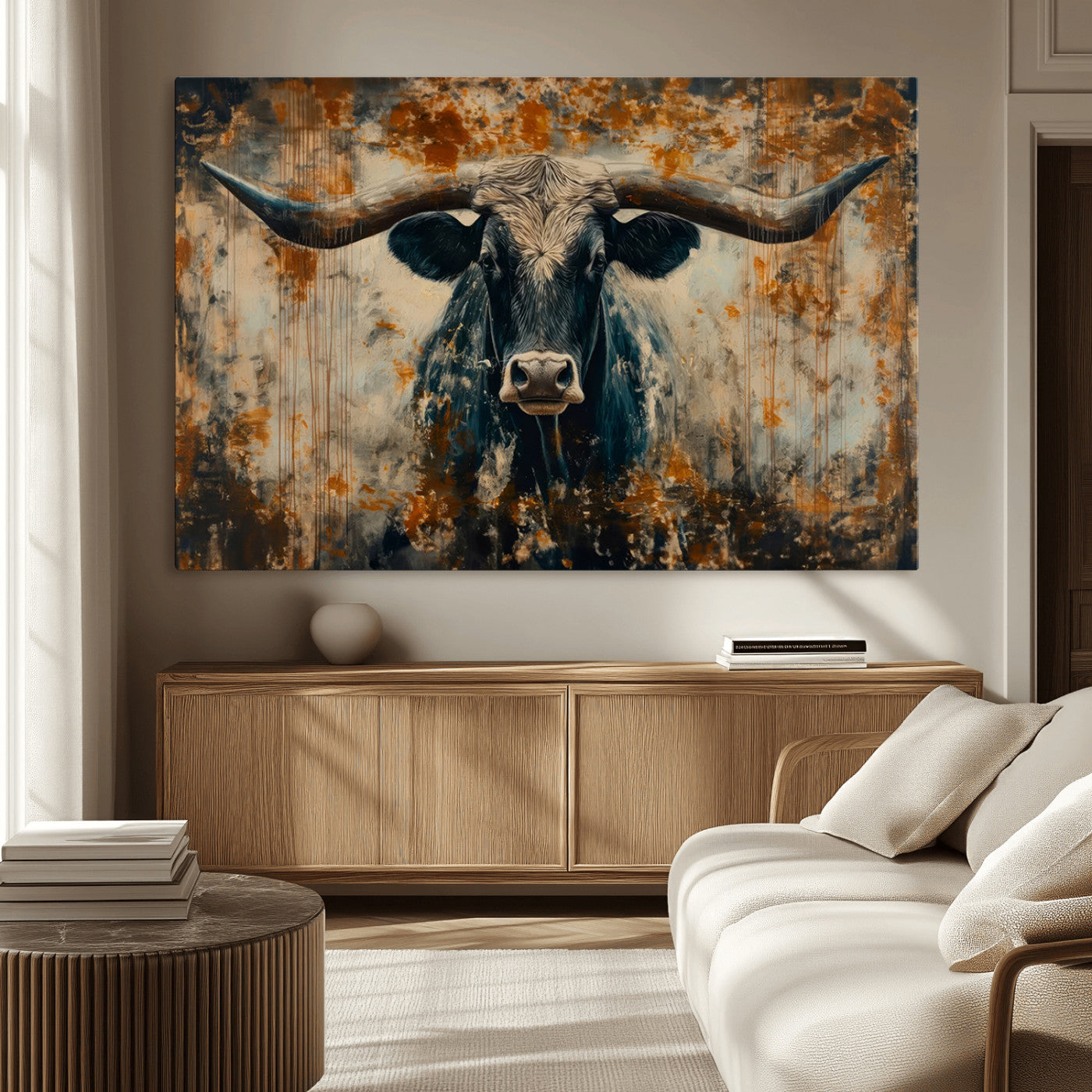 MGV-CV-36X24 - Abstract Longhorn Bull Wall Art | Rustic Western Wall Decor | Framed and Ready to Hang | Ideal for