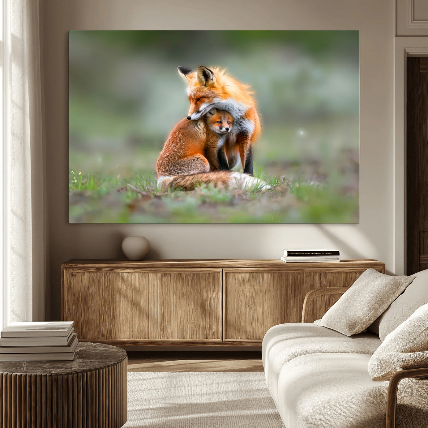 MGV-CV-36X24 - Heartwarming Fox and Baby Cub Wall Art | Ready to Hang Canvas Print of Foxes in Nature | Perfect for