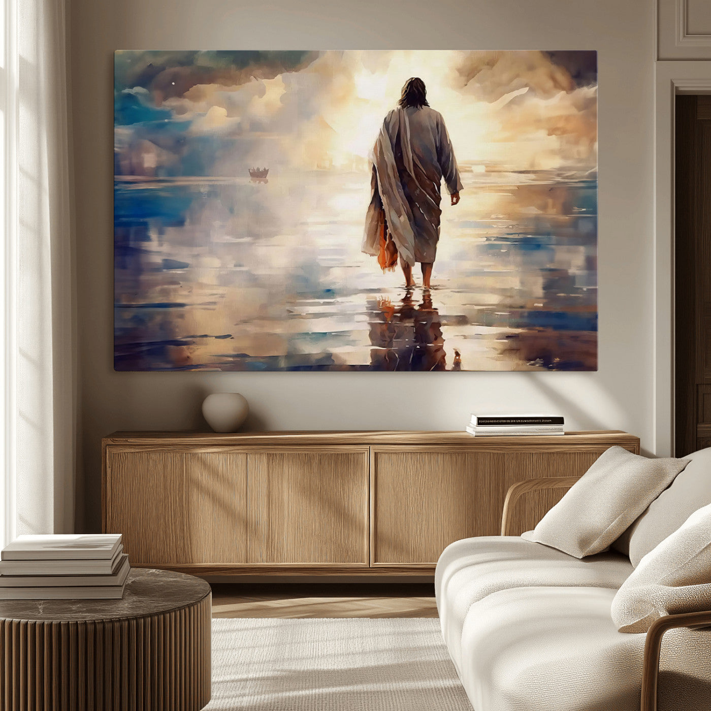 MGV-CV-36X24 - Jesus Walking on Water Wall Art | Ready to Hang Spiritual Triptych Canvas Print | Inspirational