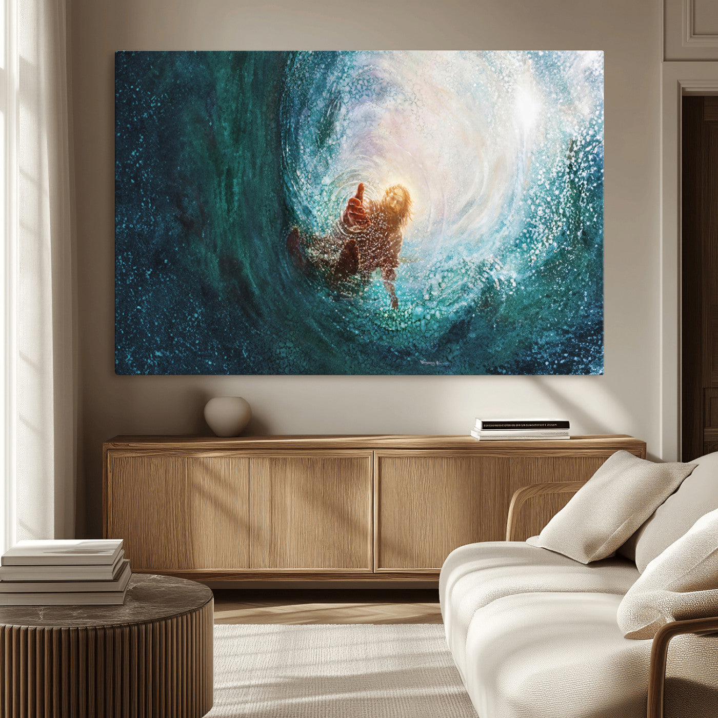 MGV-CV-36X24 - Powerful Jesus Canvas Print - Hand of Salvation, Inspirational Wall Art - Framed, Ready to Hang for