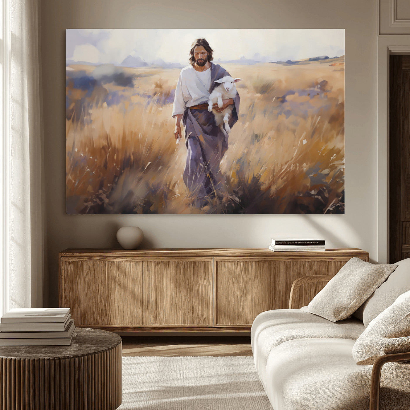 MGV-CV-36X24 - Jesus the Good Shepherd Wall Art Canvas Print - Lost Lamb Print for Prayer Room Decor