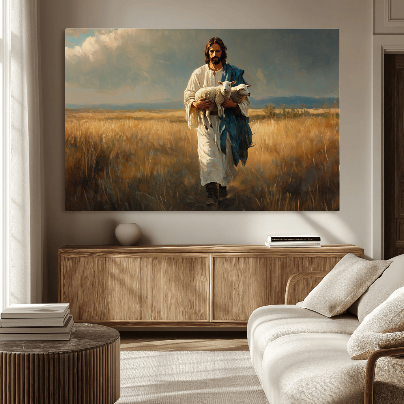 MGV-CV-36X24 - Jesus Shepherd Wall Art | Ready to Hang Triptych Canvas of Jesus Holding a Lamb in a Field |