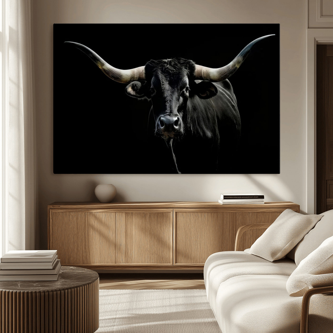MGV-CV-36X24 - Texas Black Longhorn Bull Wall Art Canvas Print - Western Texas Cattle Rustic Decor Print - Longhorn