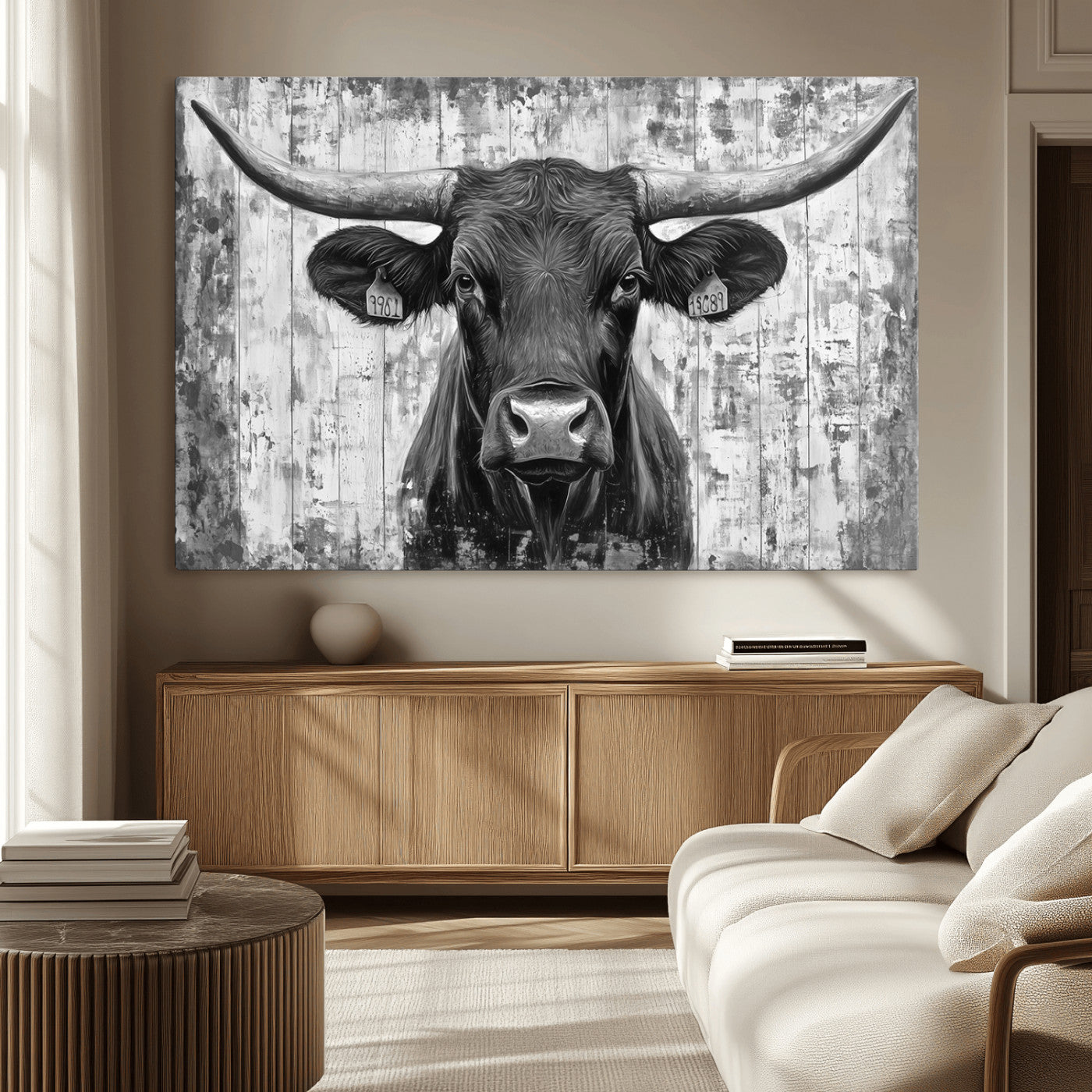 MGV-CV-36X24 - Abstract Longhorn Bull Wall Art Canvas Print - Rustic Texas Western Cow Artwork