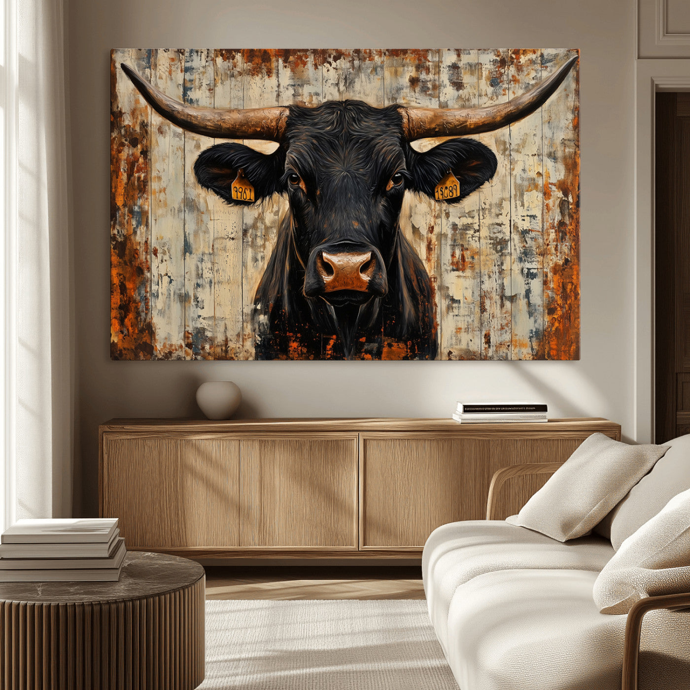 MGV-CV-36X24 - Rustic Texas Artwork Wall Art Canvas Print - Abstract Cow Longhorn Bull Wall Art Canvas Print