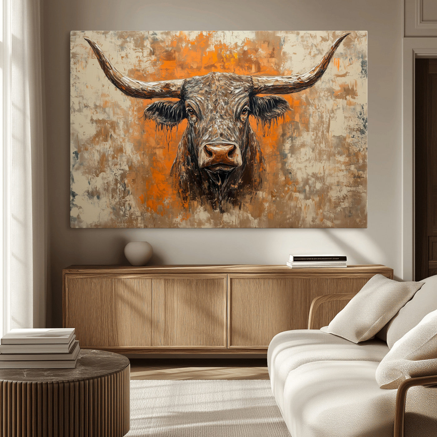 MGV-CV-36X24 - Abstract Cow Longhorn Bull Wall Art Canvas Print - Rustic Texas Western Cattle Artwork