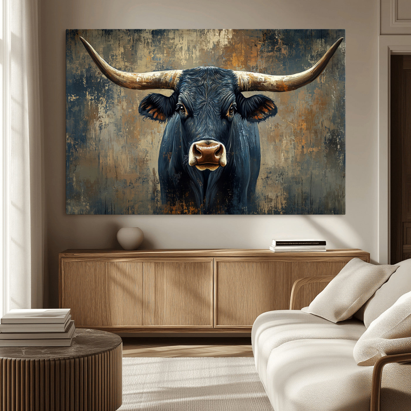 MGV-CV-36X24 - Texas Western Wall Art Canvas Print - Abstract Cow Longhorn Bull Wall Art Canvas Print - Rustic Cow