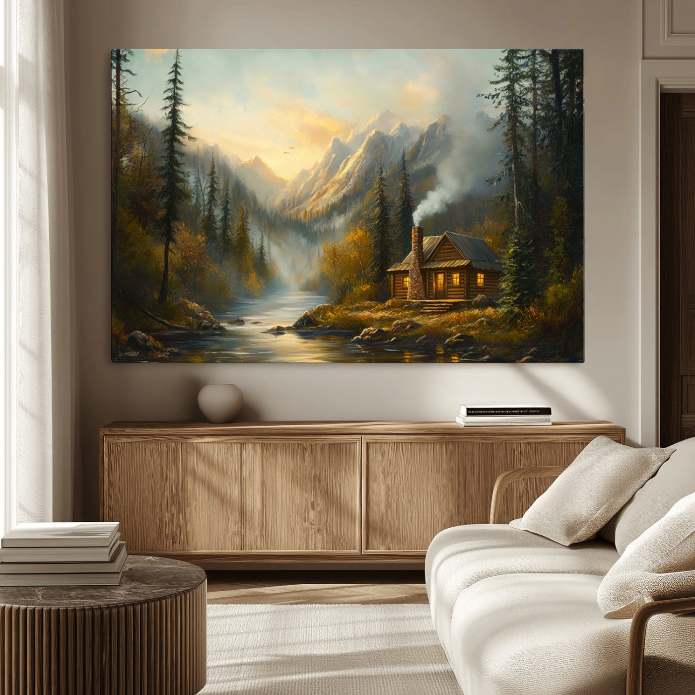 MGV-CV-36X24 - Wood Cabin Retreat Mountain at Sunset Wall Art Print - Serene Forest and River Landscape Wall Art