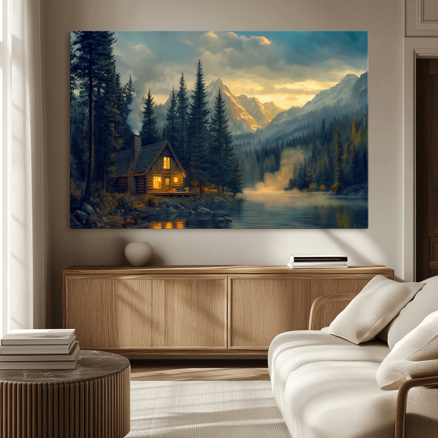 -Mountain Cabin by the Lake at Sunset Wall Art - Serene Nature Canvas Print for Living Room Decor,
