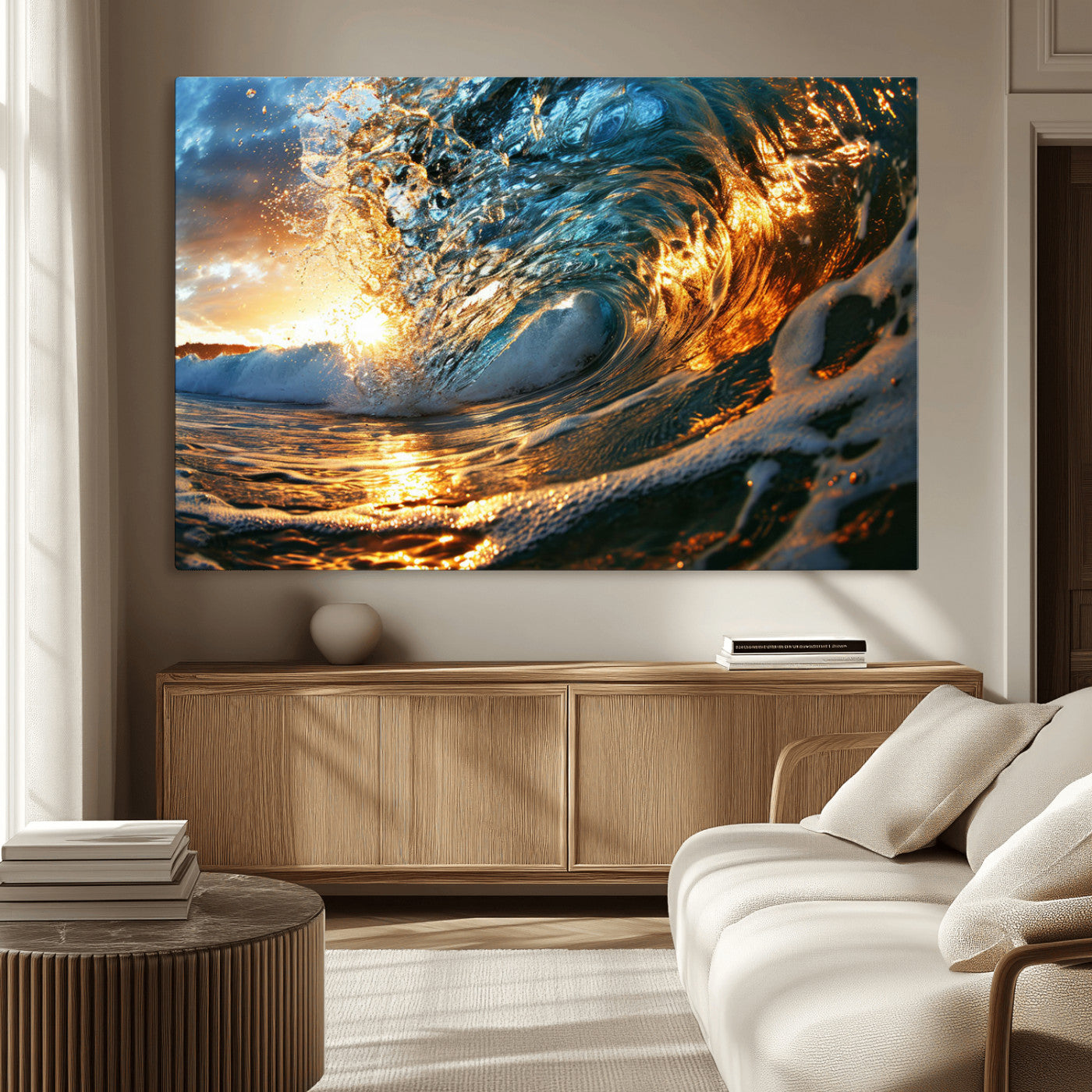 MGV-CV-36X24 - Ocean Wave at Sunset Canvas Wall Art – Vibrant Coastal Beach Waves Print, Large Nautical Decor,