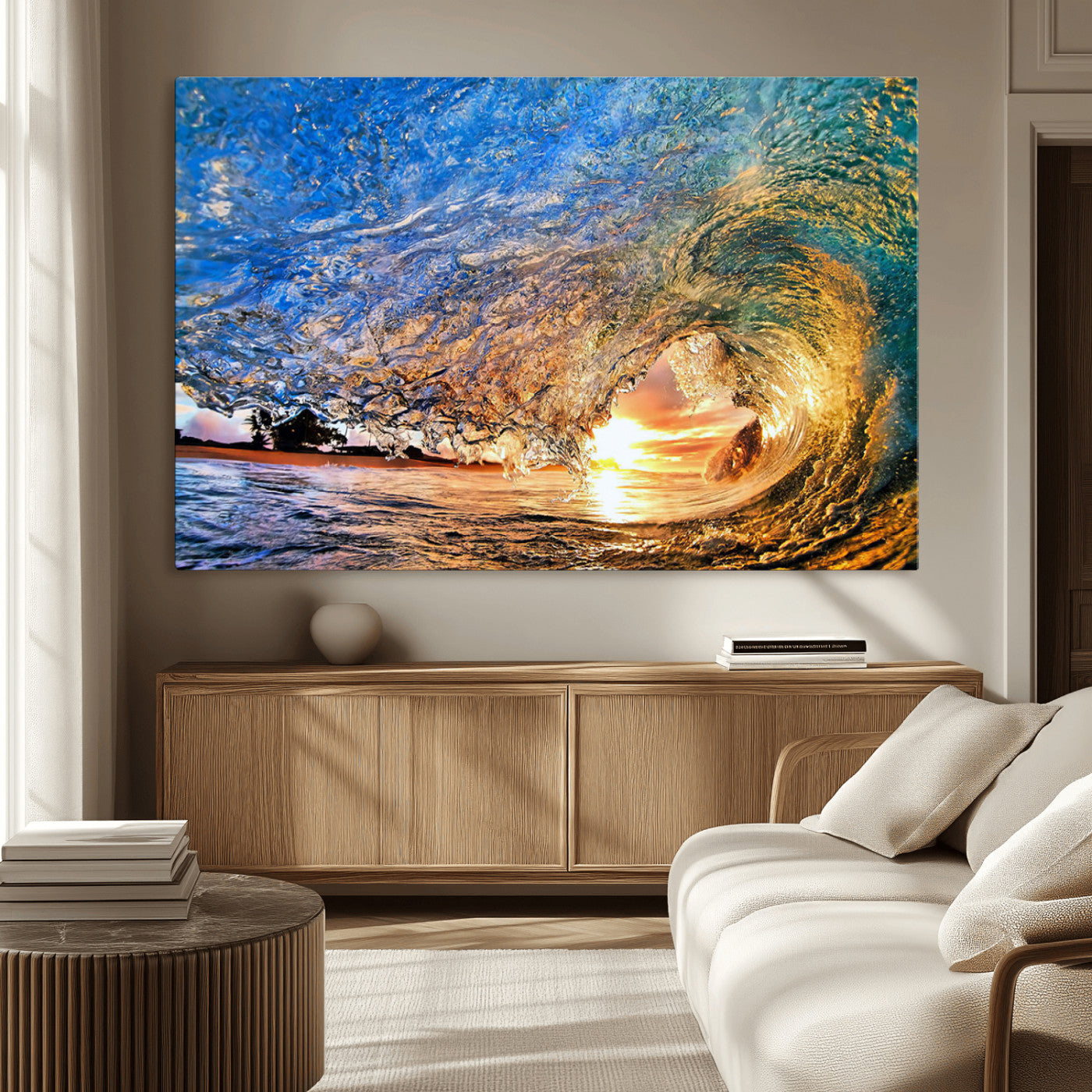 MGV-CV-36X24 - Ocean Wave at Sunset Canvas Wall Art – Vibrant Coastal Beach Waves Print, Large Nautical Decor,