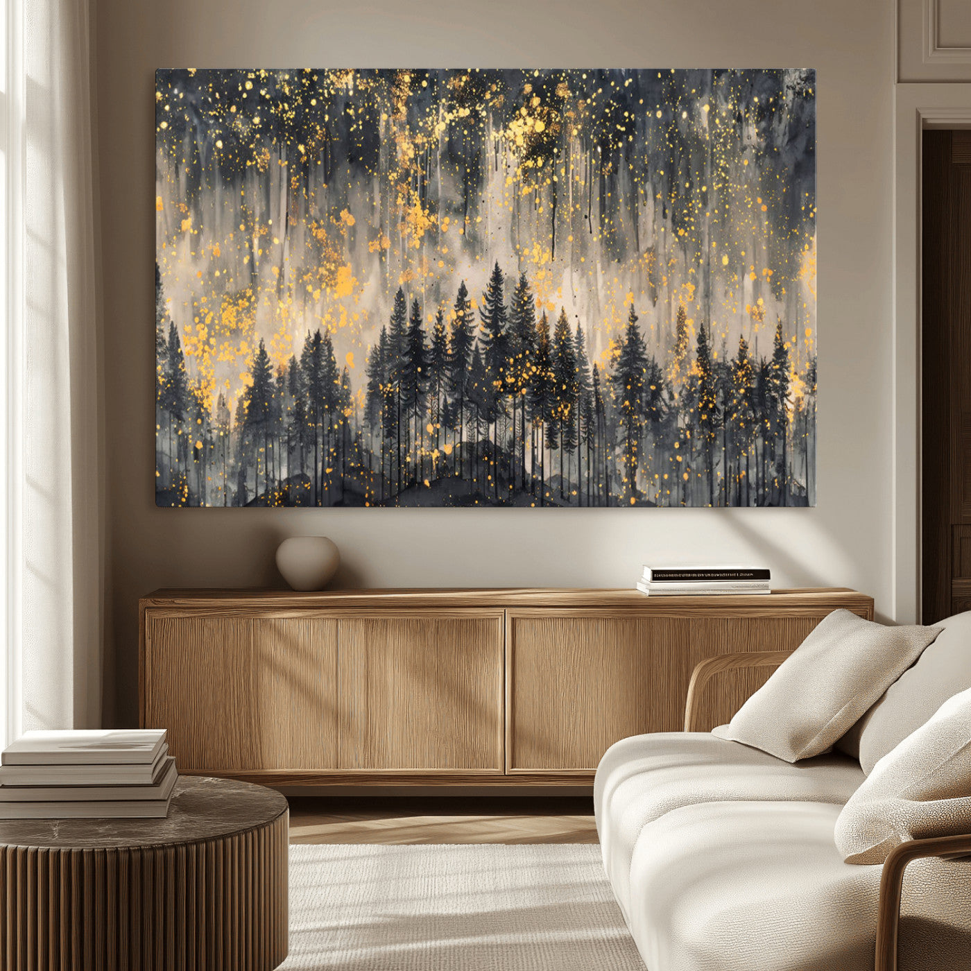 MGV-CV-36X24 - Golden Forest Abstract Wall Art | Dark Forest with Gold Splatter Accents | Triptych Ready to Hang