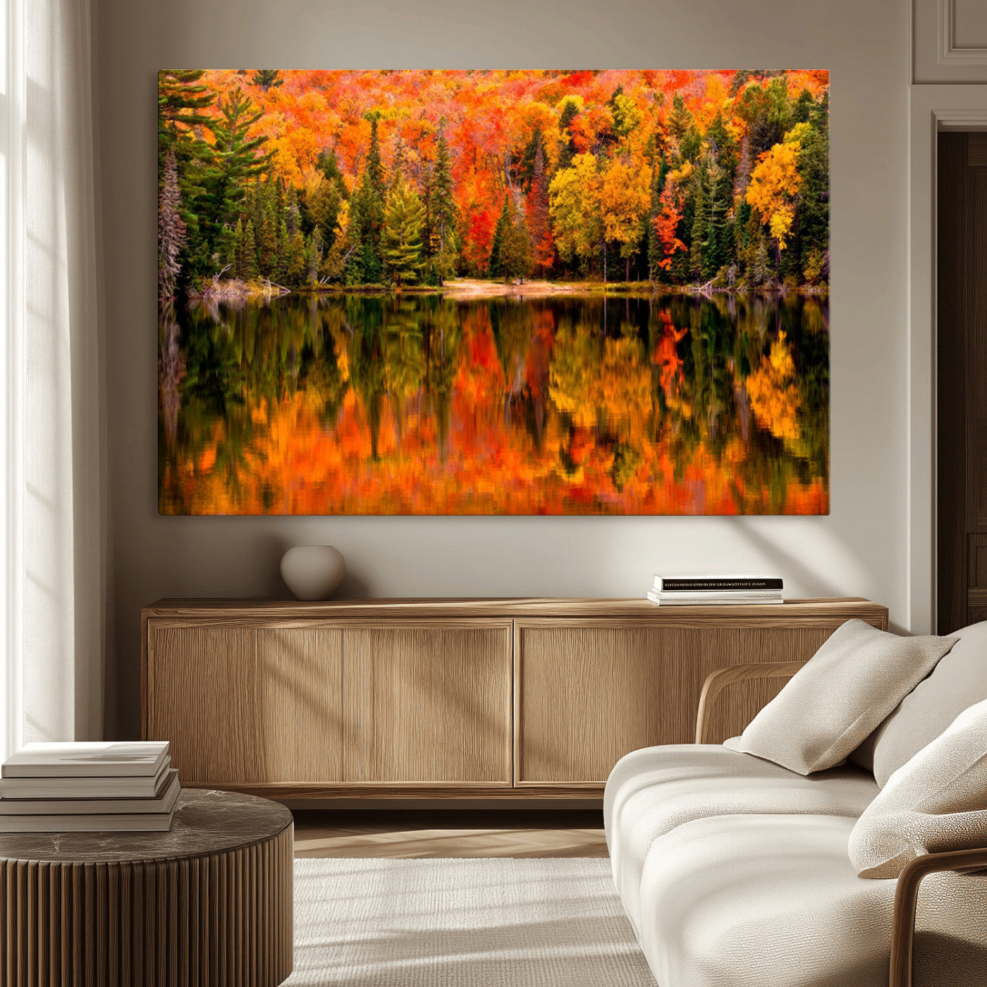 MGV-CV-36X24 - Forest Reflection Art | Autumn Forest Reflection Wall Art | Triptych Canvas Print | Vibrant Fall