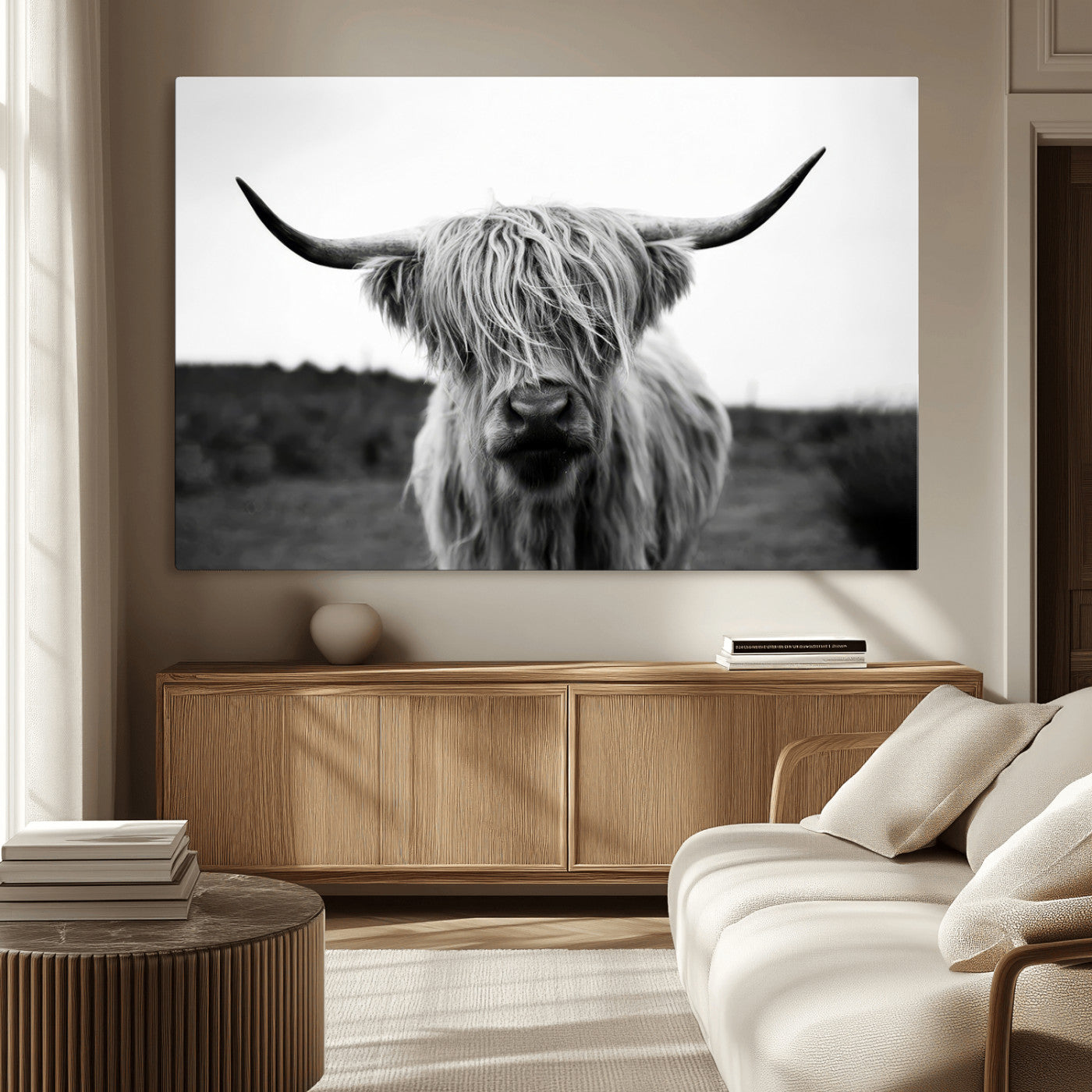 MGV-CV-36X24 - Highland Cow Wall Art | Black and White Farmhouse Decor | Triptych Canvas Print | Rustic Barn Decor
