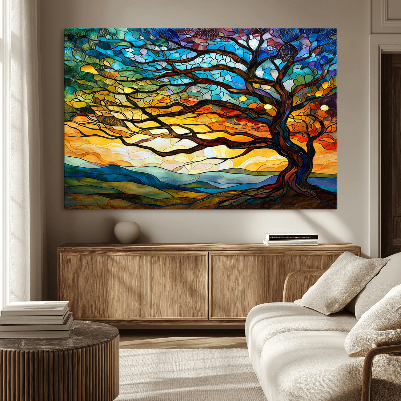 MGV-CV-36X24 - Vibrant Mosaic Tree of Life Wall Art | Stained Glass Style Canvas Print | Ready to Hang Artistic