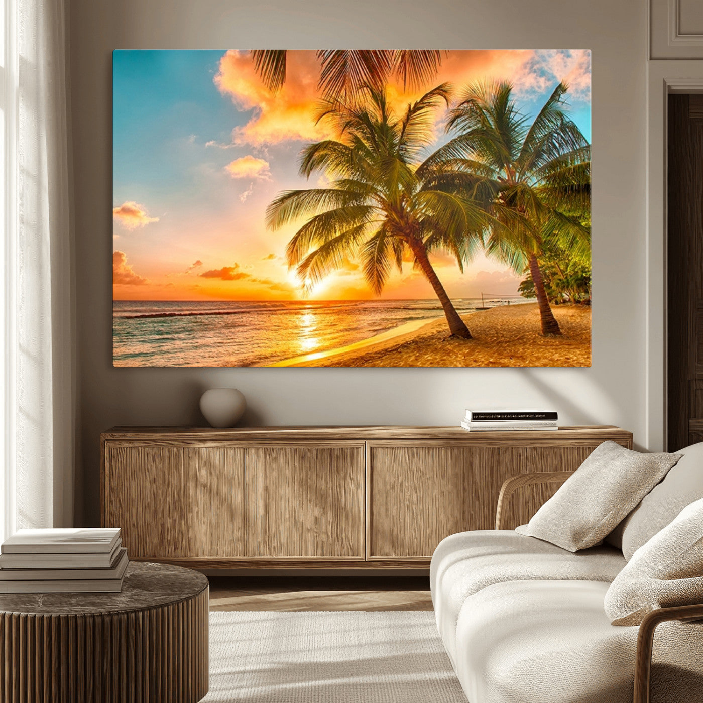 MGV-CV-36X24 - Tropical Sunset Beach Canvas Wall Art Print – Vibrant Palm Trees and Coastal Sunset Wall Decor for