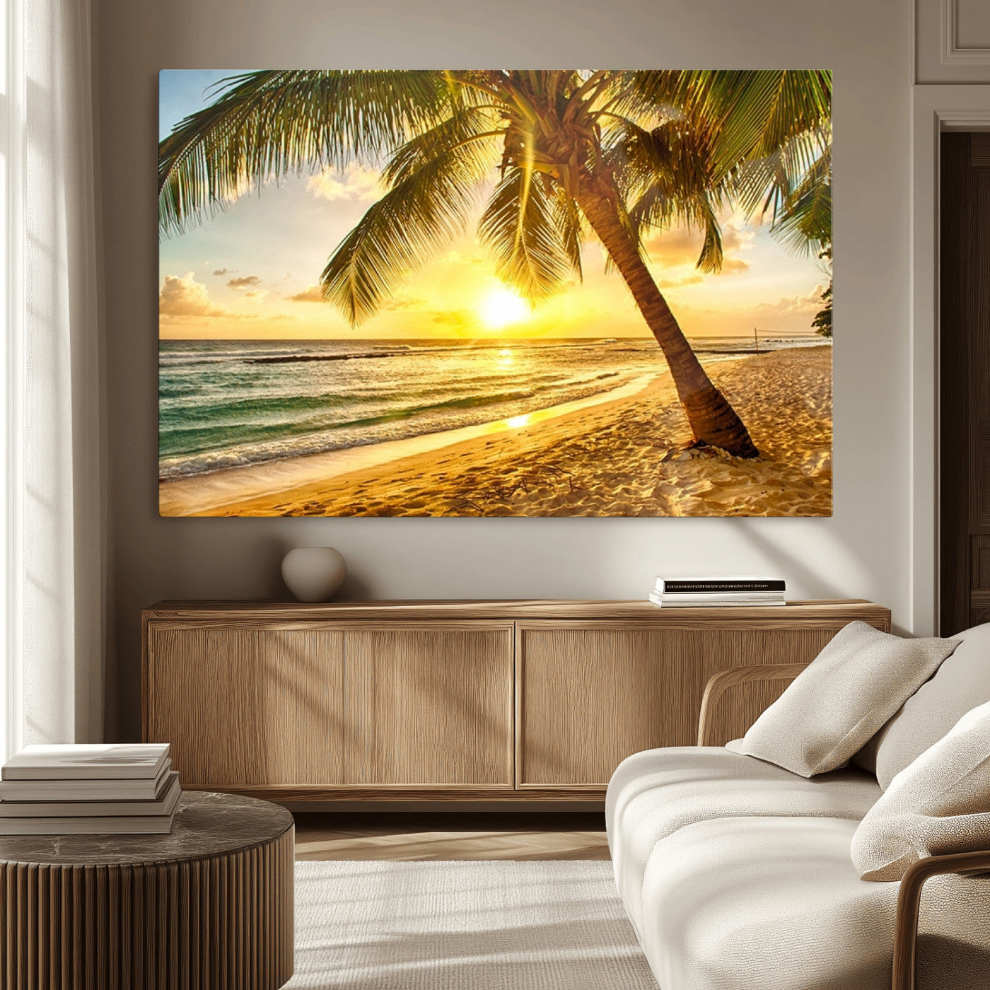 MGV-CV-36X24 - Beach Sunset Canvas Wall Art Print - Tropical Beach Canvas Wall Art Print – Vibrant Palm Trees and