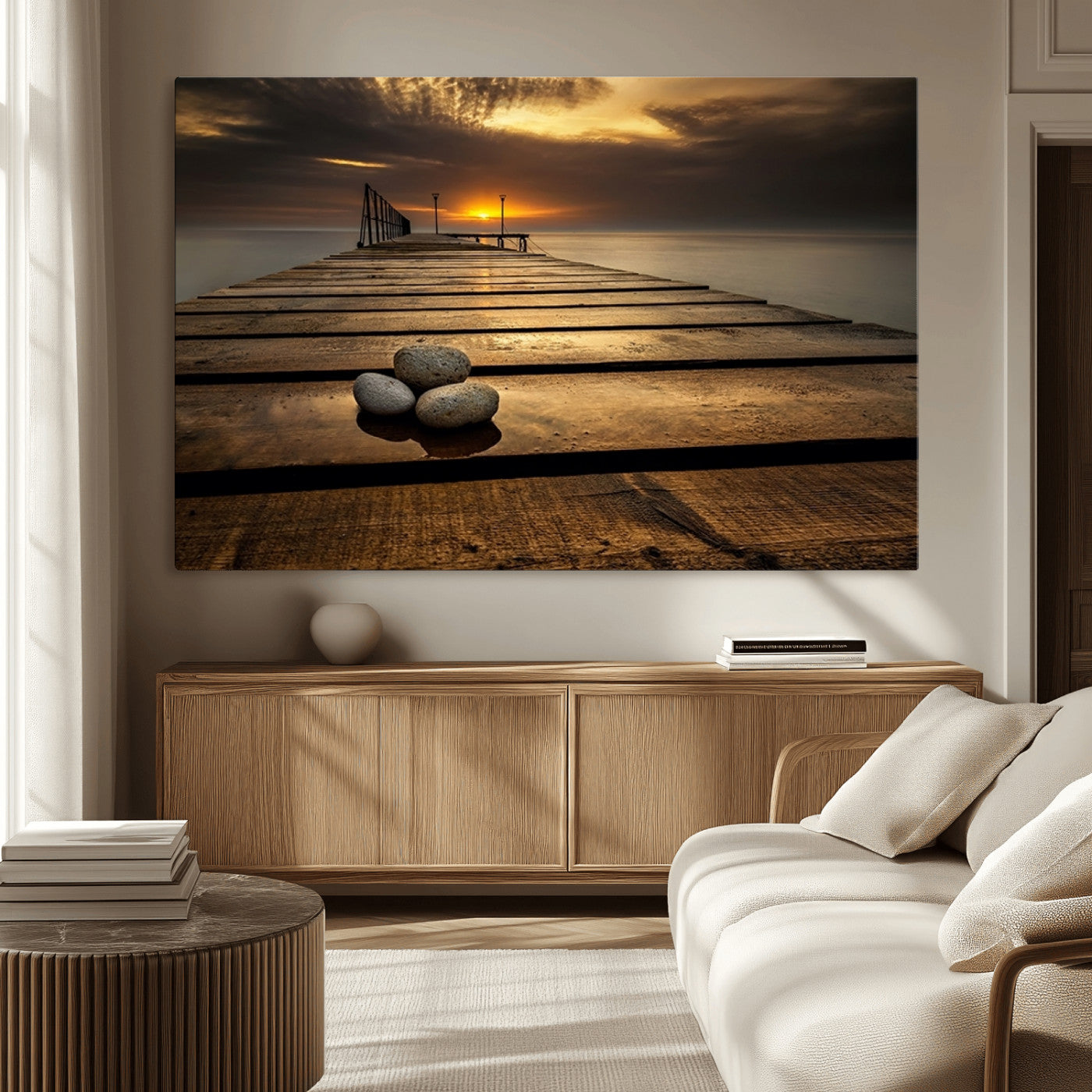 MGV-CV-36X24 - Stones on Wooden Pier at Sunset Canvas Print, Serene Coastal Wall Art, Beach Sunset Photography,