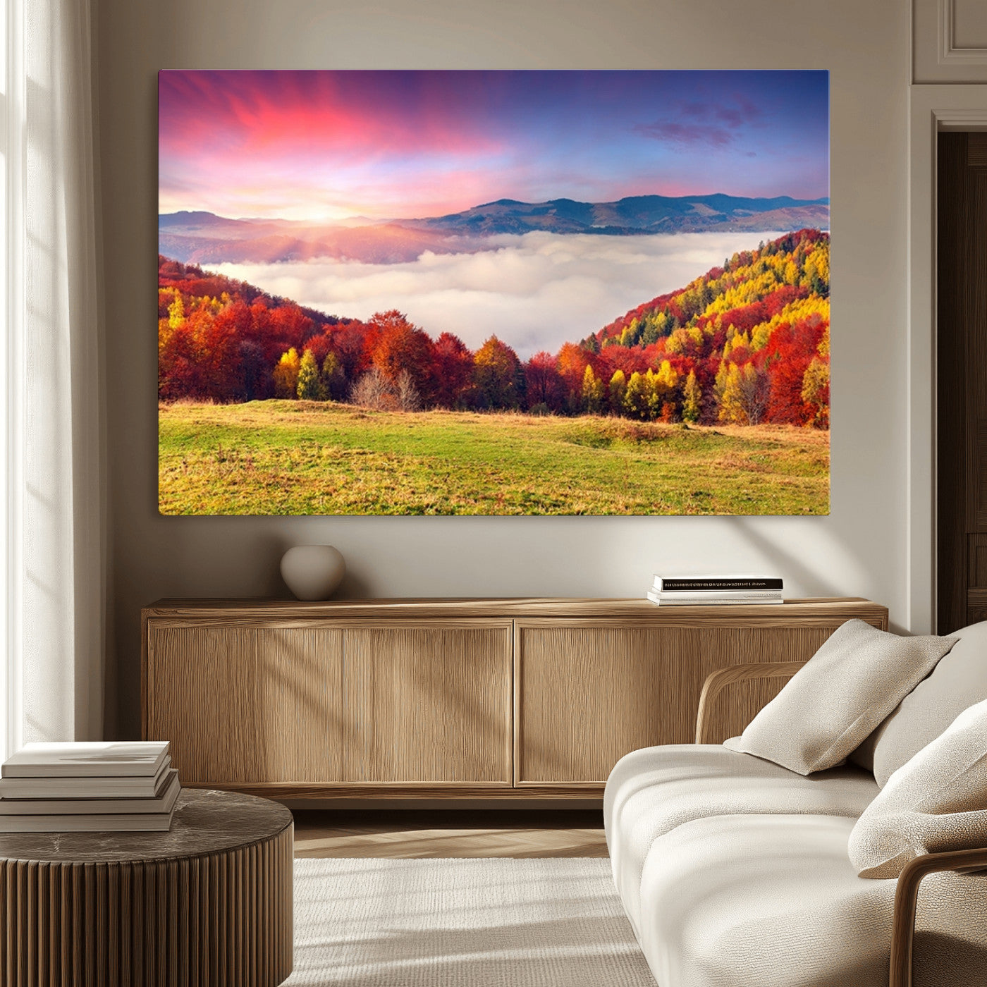 MGV-CV-36X24 - Autumn Mountain Foggy Landscape Wall Art Canvas Print | Beautiful Forest Canvas Print | Misty