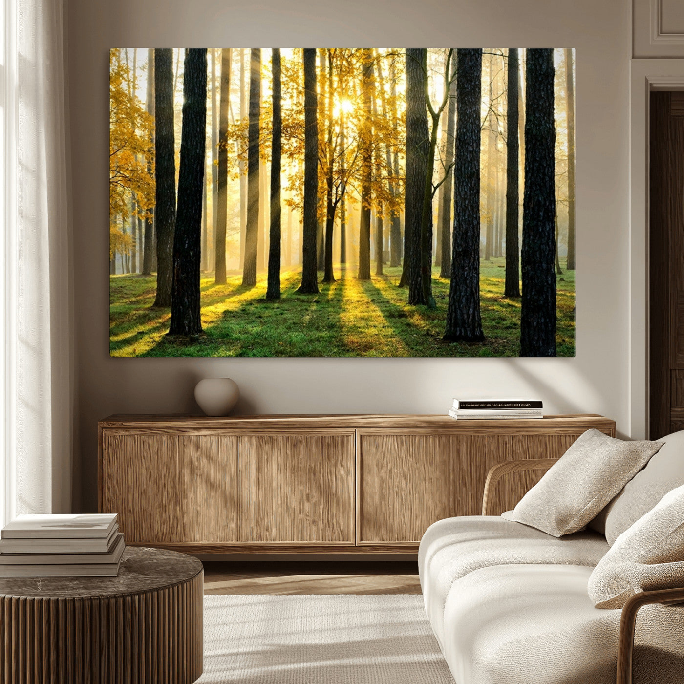 MGV-CV-36X24 - Sunlit Forest Canvas Wall Art – Serene Woodland Triptych Landscape Print – Nature-Inspired Decor for