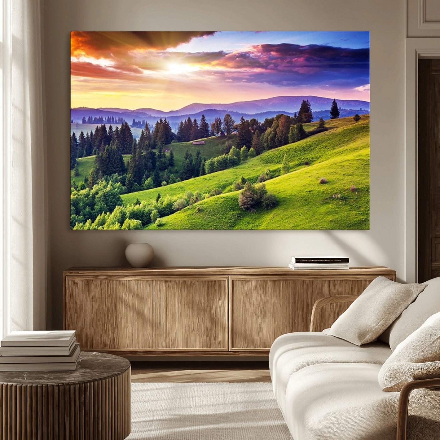 MGV-CV-36X24 - Green Hills and Sunset Wall Art Print - Scenic Landscape with Lush Greenery and Vibrant Sky, Ready