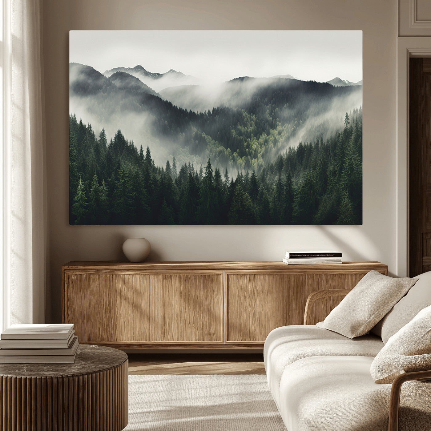 MGV-CV-36X24 - Misty Forest Canvas Print Wall Art Premium Canvas Print a Foggy and Serene Atmosphere
