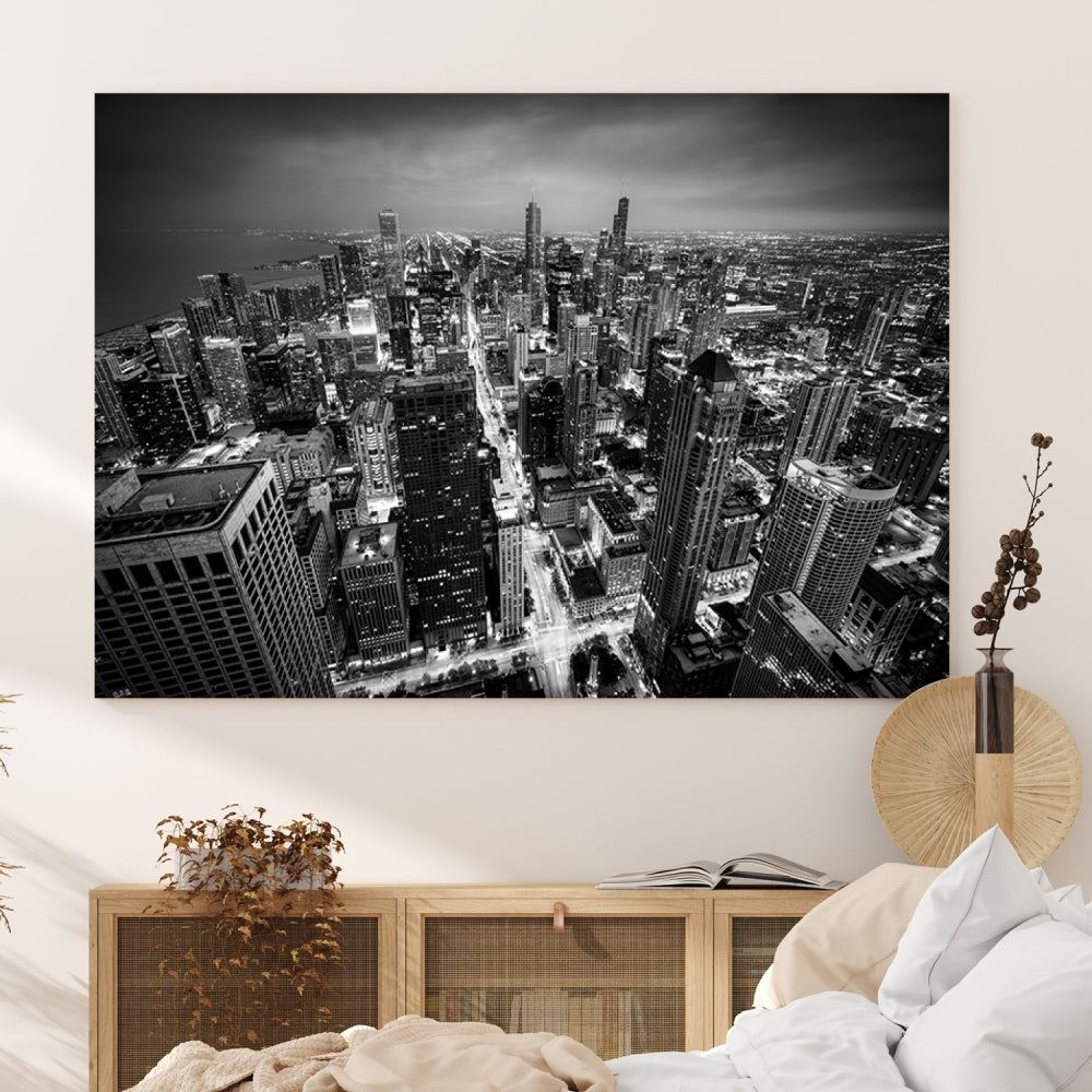 A Chicago Wall Art Canvas Print, specifically the Chicago City Night Canvas Print, is displayed in handcrafted frames.