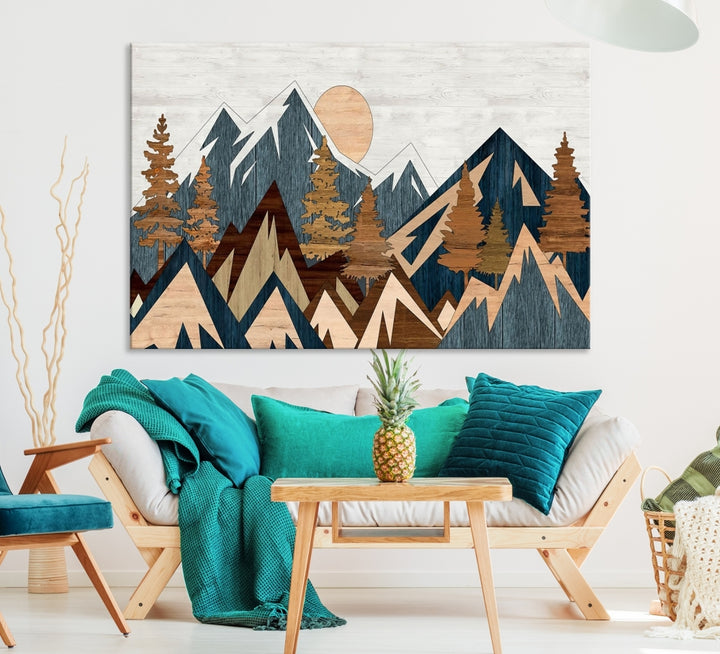 The Abstract Wood Panel Effect Mountain Range Top Wall Art Canvas Print is a striking three-panel art piece featuring mountains, trees, and the sun. Each canvas is gallery wrapped on museum-quality materials and comes with UV protection to ensure durability and preservation.