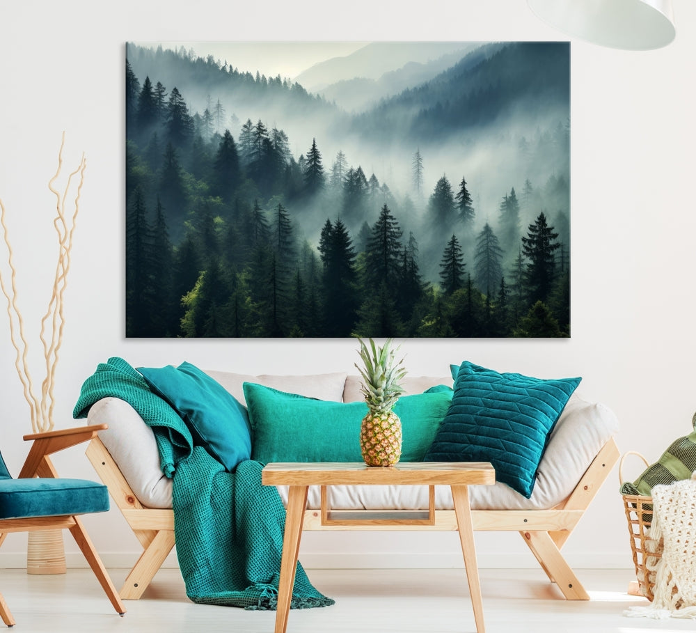 The Captivating Misty Forest Wall Art Premium Canvas Print offers a foggy and serene ambiance, enhancing the modern living room's atmosphere.