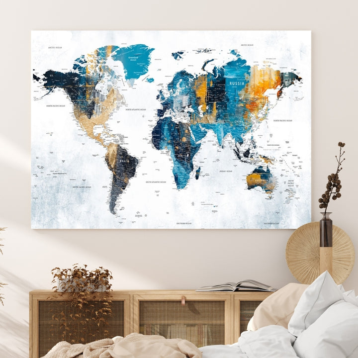 The World Map Turquoise Orange Wall Art Canvas Print, a triptych crafted on museum-quality canvases, adds aesthetic appeal and durability to the space.