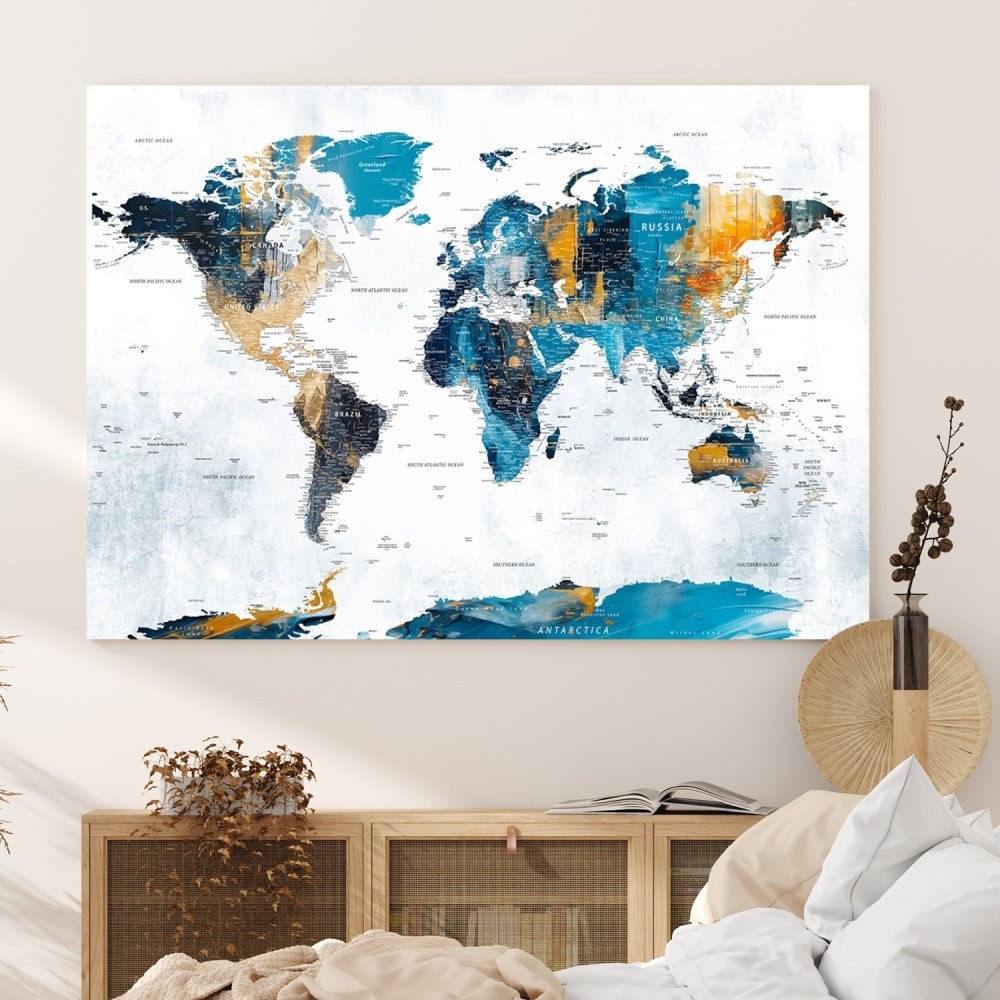 The "Turquoise Orange World Map Canvas Wall Art" showcases striking blue and orange tones. This museum-quality canvas features a UV-protective coating for enhanced durability and vibrant color retention.