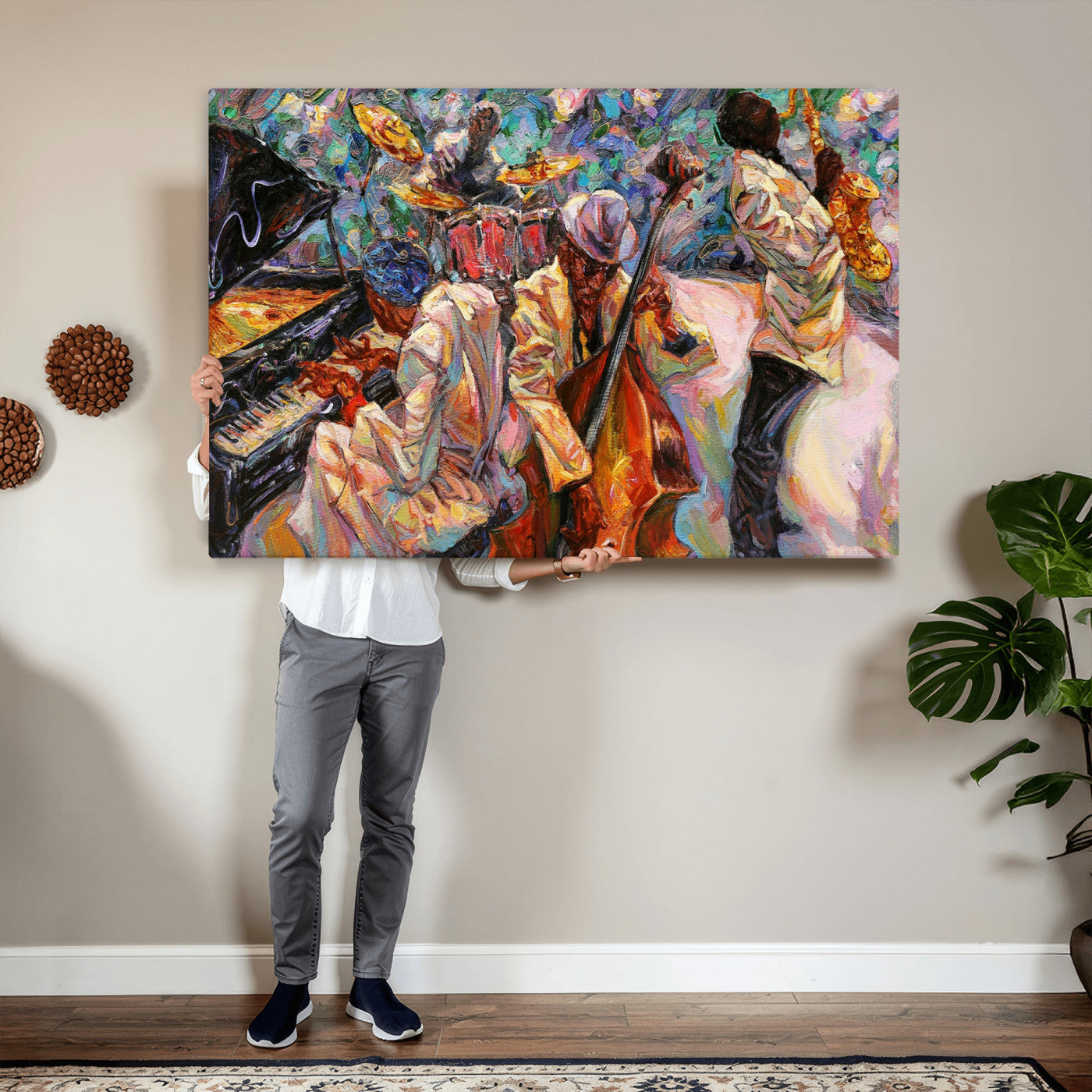 34929-MGV-CV-36X24 - African American Jazz Art Music Abstract Wall Art Painting Canvas Wall Art