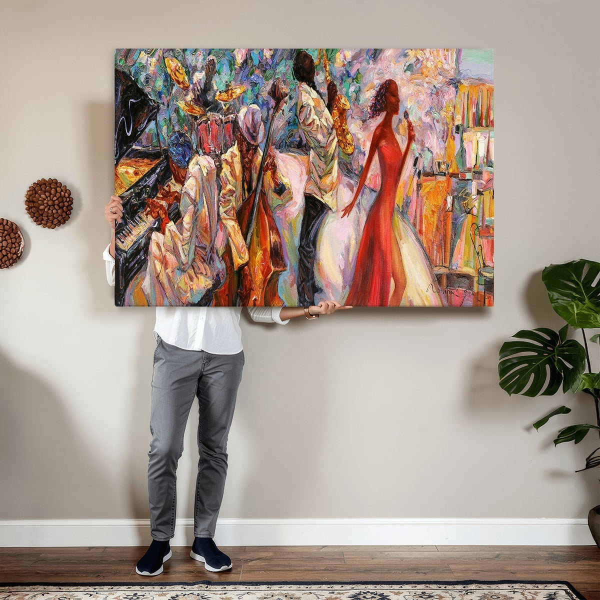40574-_Poster-30x20 - Afro American Jazz Band Canvas Wall Art | 3 Panel Music Studio Decor