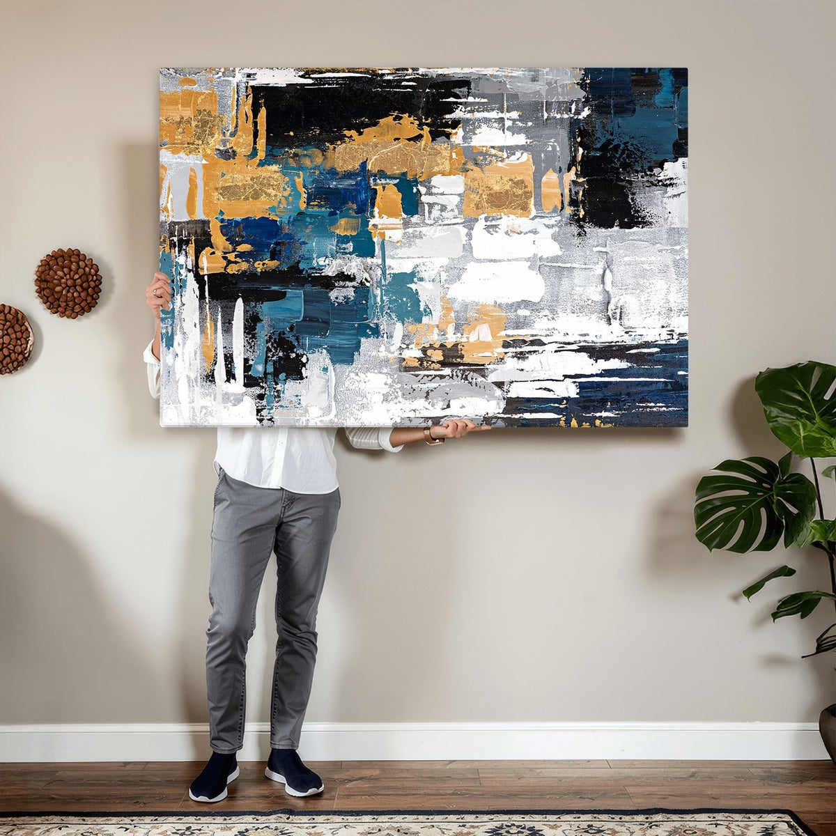 57708-_Poster-30x20 - Blue and Gold Abstract Canvas Wall Art | Triptych Modern Art Print