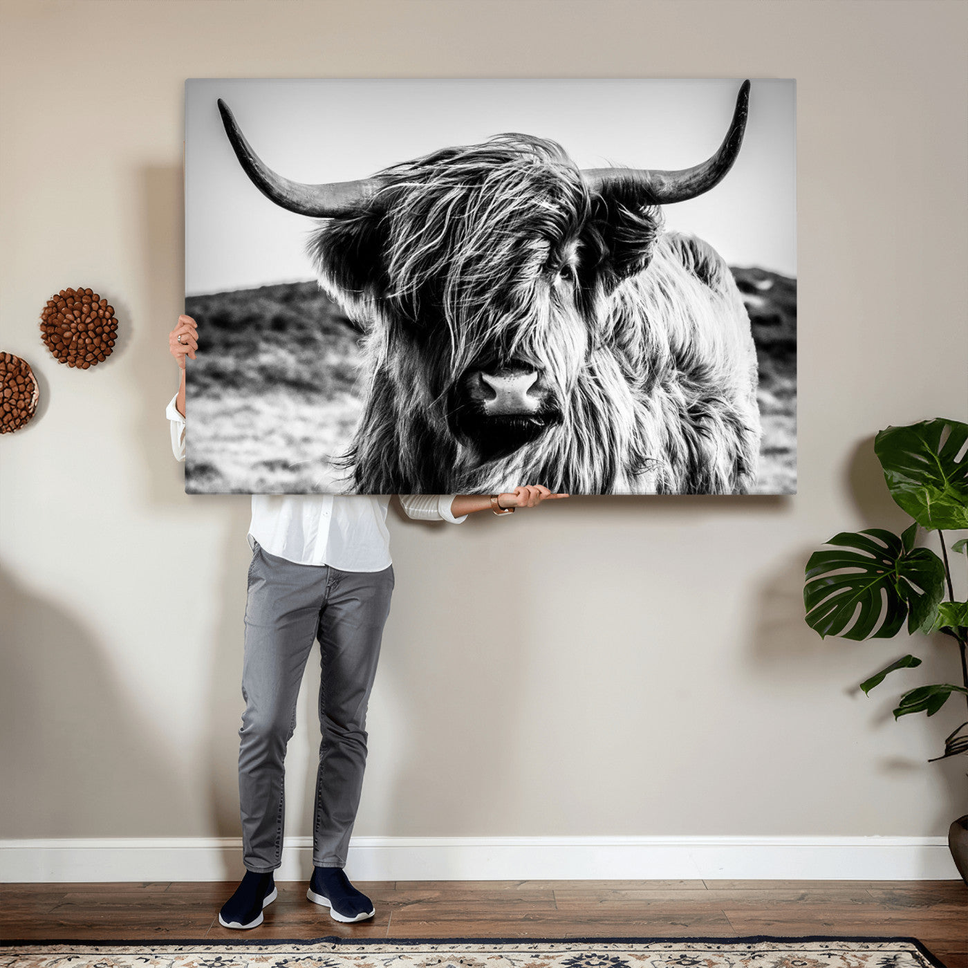 36979-MGV-CV-36X24 - Handsome Scottish Cow Black and White Wall Decor Canvas Art Print Extra Large Wall Art Highland Cattle Canvas Picture Animal Art Nature Photography High Quality Original Canvas Framed Ready to Hang